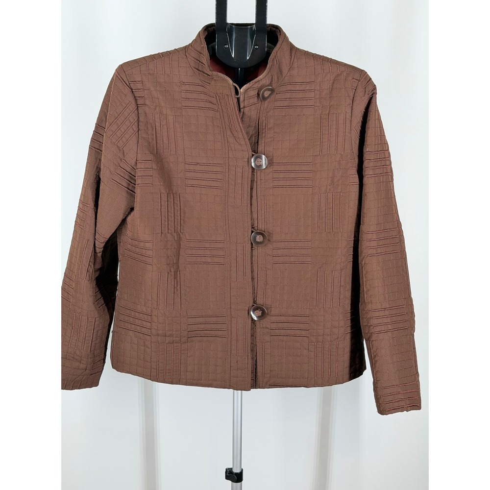Dressbarn Womens Brown Quilted Geometric Button Front Mock Neck Jacket Size M